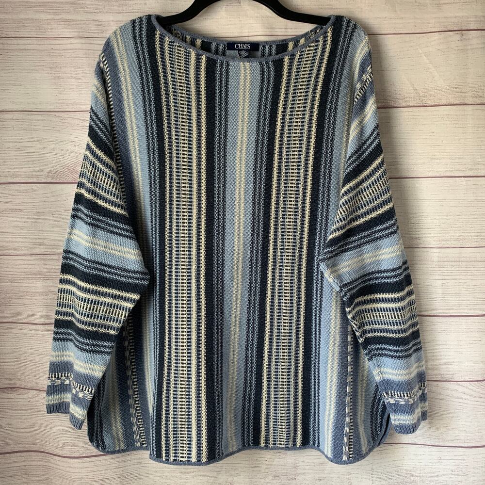 Vintage Chaps Blue Cream Striped Textured Knit Sweater Boho 90s Size 1X